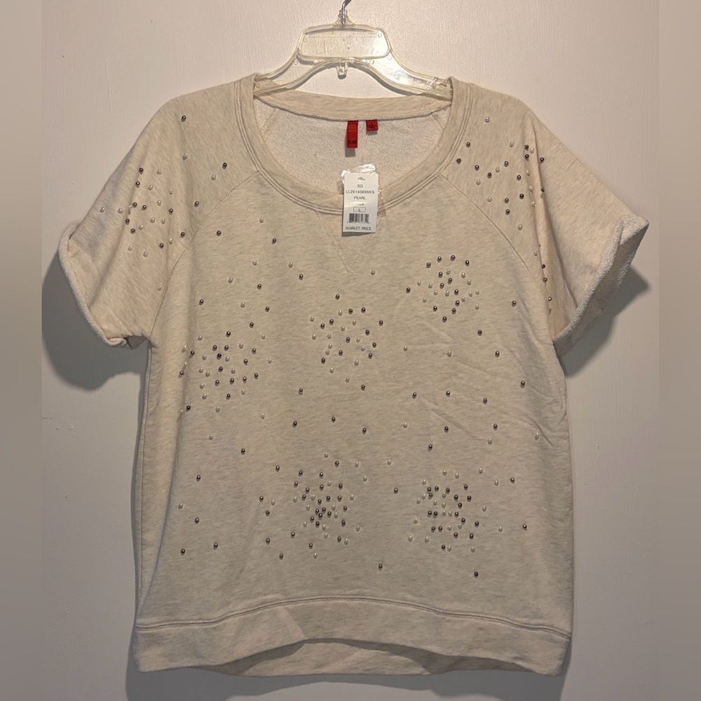 5/48- NWT Pearl Clusters Design Beaded Rolled Raw Hem Short Sleeve Top- Size L